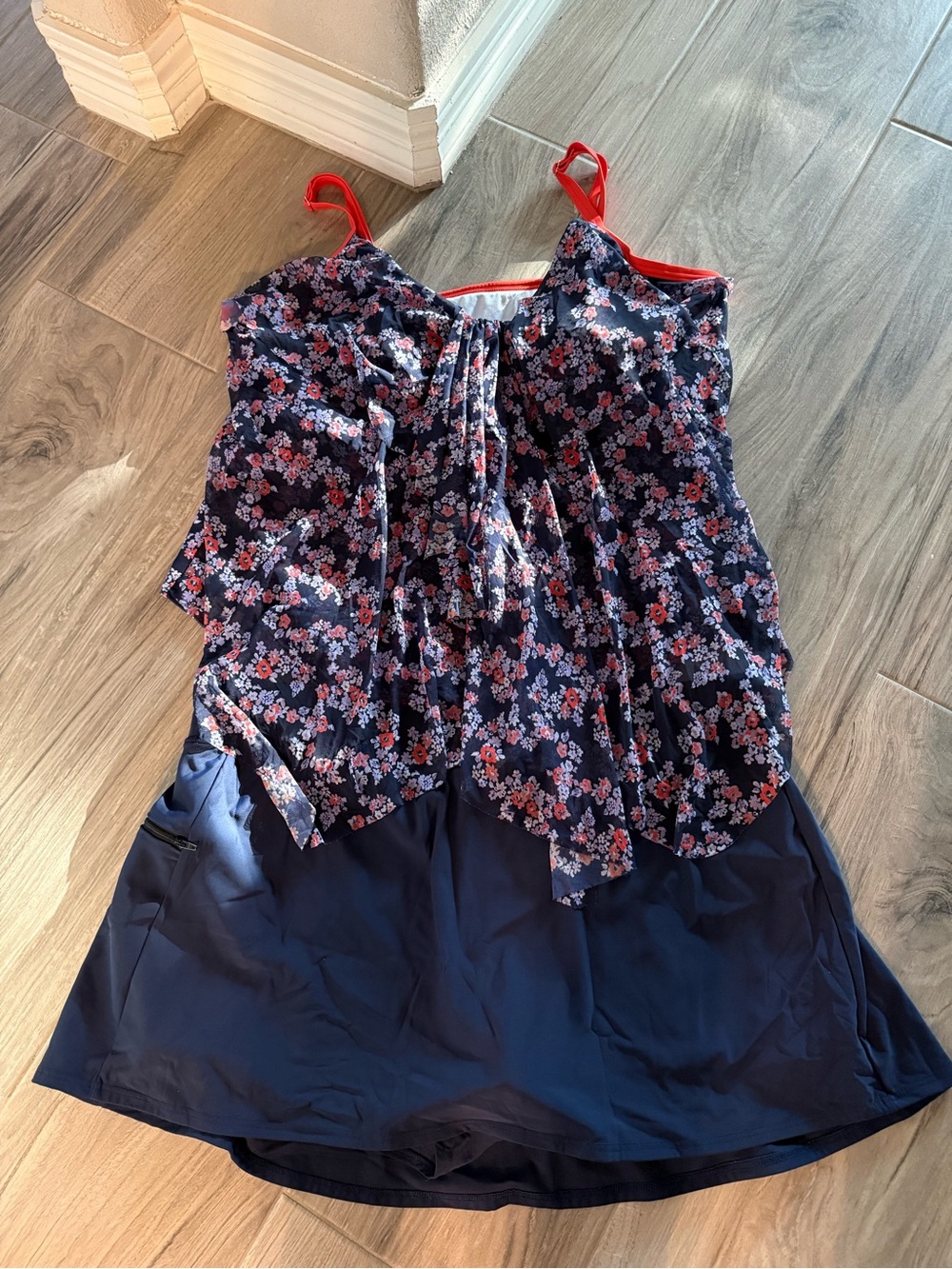Floral Navy One-Piece Swim Dress with Coral Accents